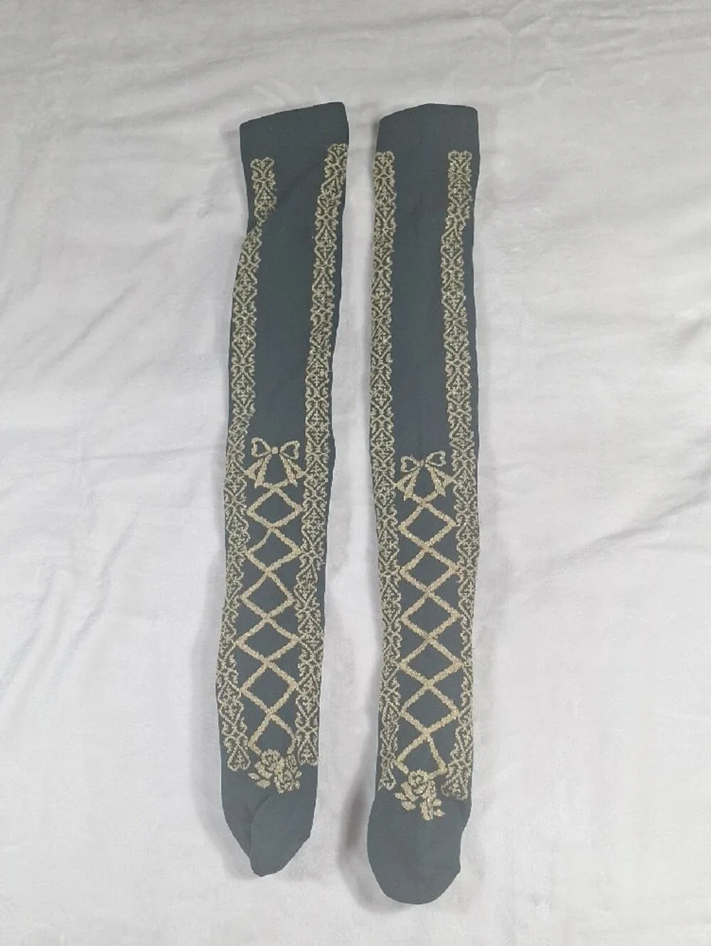 Innocent World Dark Green Lace-Up OTK Socks with Gold Thread Detail | Classic